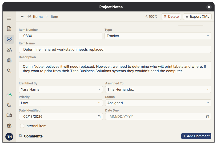 Project Notes Pro item detail view showing action item details, notes, and attachments