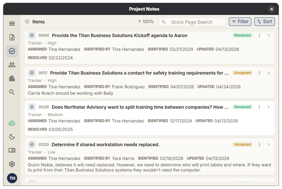 Project Notes Pro item list showing project action items, owners, status, and due dates