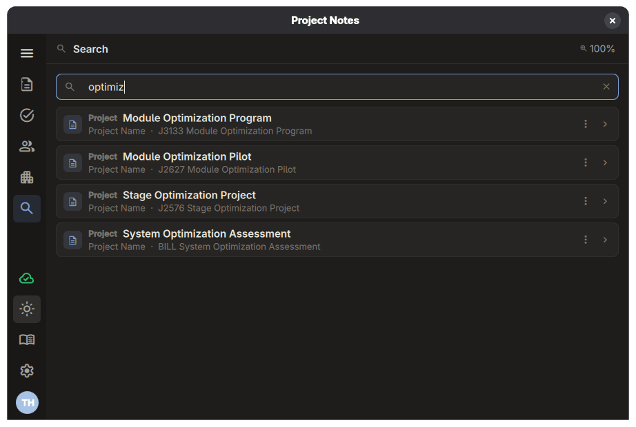 Project Notes Pro search showing full-text search results across notes, action items, and file records